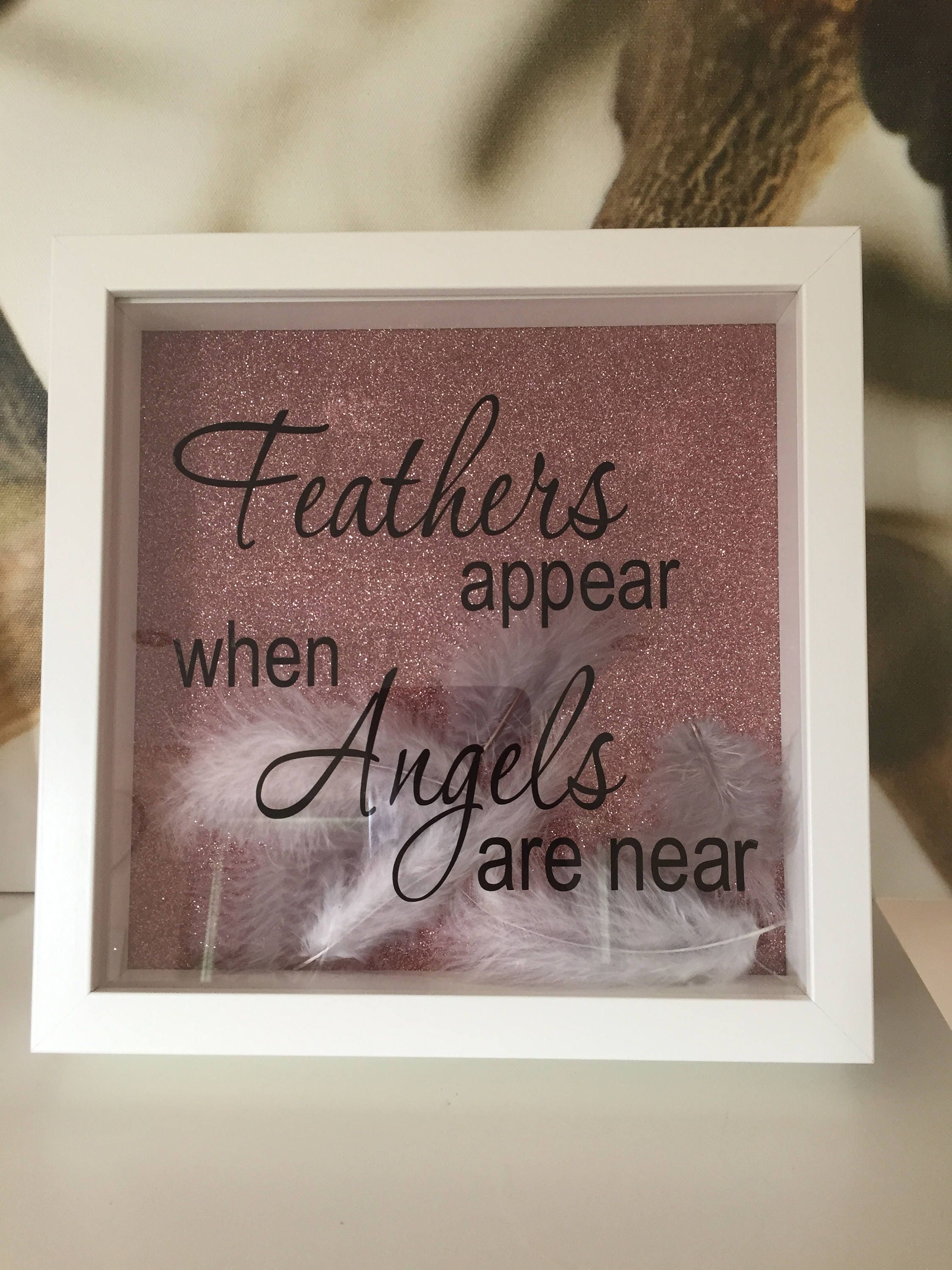 Details about   Picture Box Frame Handmade Feathers Appear When Angels Are Near Sparkle Glitter 