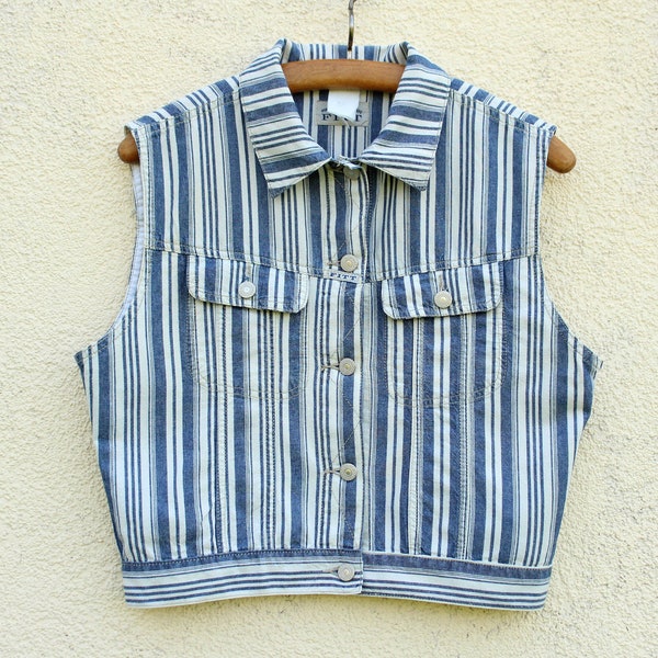 Vintage white Striped Vest women's / blue Striped Vest women's / Striped Cotton Vest