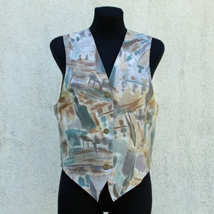 Vintage Colorful Cotton Vest women&#39;s / brown Painted print Vest women&#39;s / brown gray Vest women&#39;s