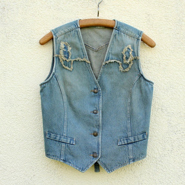 Vintage blue Denim Vest women's / blue Denim Waistcoat women's / Sleeveless Denim jacket