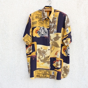 Vintage 90&#39;s Viscose Blouse women&#39;s / Yellow Viscose Blouse women&#39;s / Abstract print Blouse /  Shoulder Pads Blouse