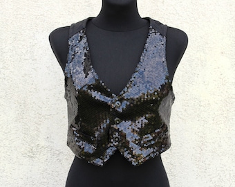 Vintage Sequin Embroidered Vest women's / black Sequin Vest women's / Festival Vest women's / Dance Party Vest