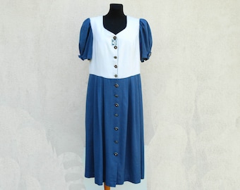 Vintage Dirndl dress women's / Blue Linen dress / Austrian style dress women's / Horn Buttons