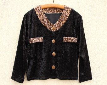 Vintage black Velvet Cropped Top / black Velvet Blouse / Leopard trim Velvet Jacket