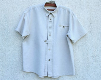 Vintage XL Trachten Shirt men's / XL Dirndl Shirt men's / Folk Shirt men's / XL linen Shirt / beige Loden Trachten Shirt