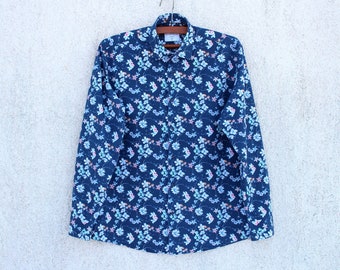 Vintage Floral Shirt men's  / blue Hawaiian Style Shirt men's / blue  Floral Print Shirt / Blue Surfer Shirt / Beach Party Shirt