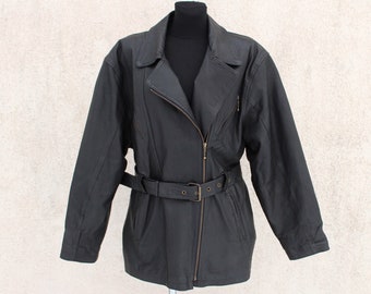 Vintage black Leather Trench Coat / leather Short Coat women's / Military Style Jacket women's / leather Belted Coat