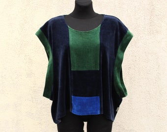 Vintage Oversize Velvet Tunic / blue Velvet Top Women's / Blue Green Top Plus Size