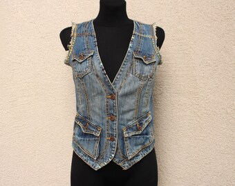 Vintage azul Denim Vest mujer / azul Denim Vest mujer / Chaqueta denim sin mangas