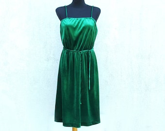 Vintage 80's green Velvet Dress women's / JC Penney Velvet Dress women's / made in U.S.A. Dress / green Velvet Spaghetti Strap Dress