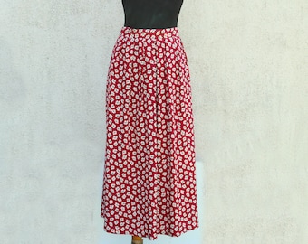 Vintage roter Blumen Rock / roter Midi Rock Damen / 80er Jahre Blumen Viskose Rock / SELFRIDGES Rock made in England