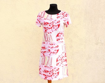 Vintage Nanso Dress women's / white pink Tricot Dress women's / Abstract print Dress / Beach Dress Small Size / Sheath Summer Dress women's