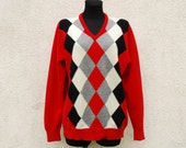 Vintage Red Sweater Men 39 s Argyle Sweater Men 39 s Lambswool Pullover Men 39 s Red 90 39 s Vee Neck Pullover Medium Size