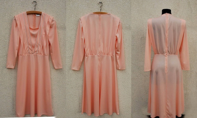 Vintage 1980s Dress Salmon Pink Sheer Dress Long Sleeves Silver Embroidered Midi Dress Summer Dress Boho Party Secretary Dress Medium Size
