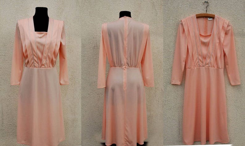 Vintage 1980s Dress Salmon Pink Sheer Dress Long Sleeves Silver Embroidered Midi Dress Summer Dress Boho Party Secretary Dress Medium Size