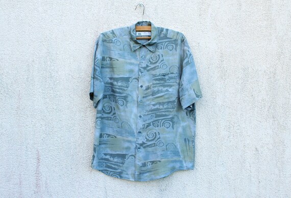 Vintage Gray Green Silk Shirt Men's Silk Button Do