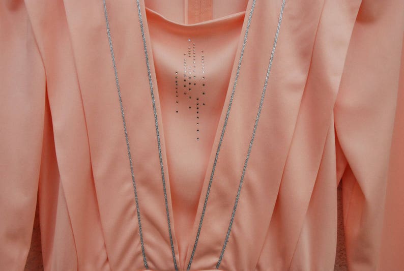 Vintage 1980s Dress Salmon Pink Sheer Dress Long Sleeves Silver Embroidered Midi Dress Summer Dress Boho Party Secretary Dress Medium Size