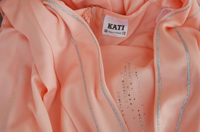 Vintage 1980s Dress Salmon Pink Sheer Dress Long Sleeves Silver Embroidered Midi Dress Summer Dress Boho Party Secretary Dress Medium Size