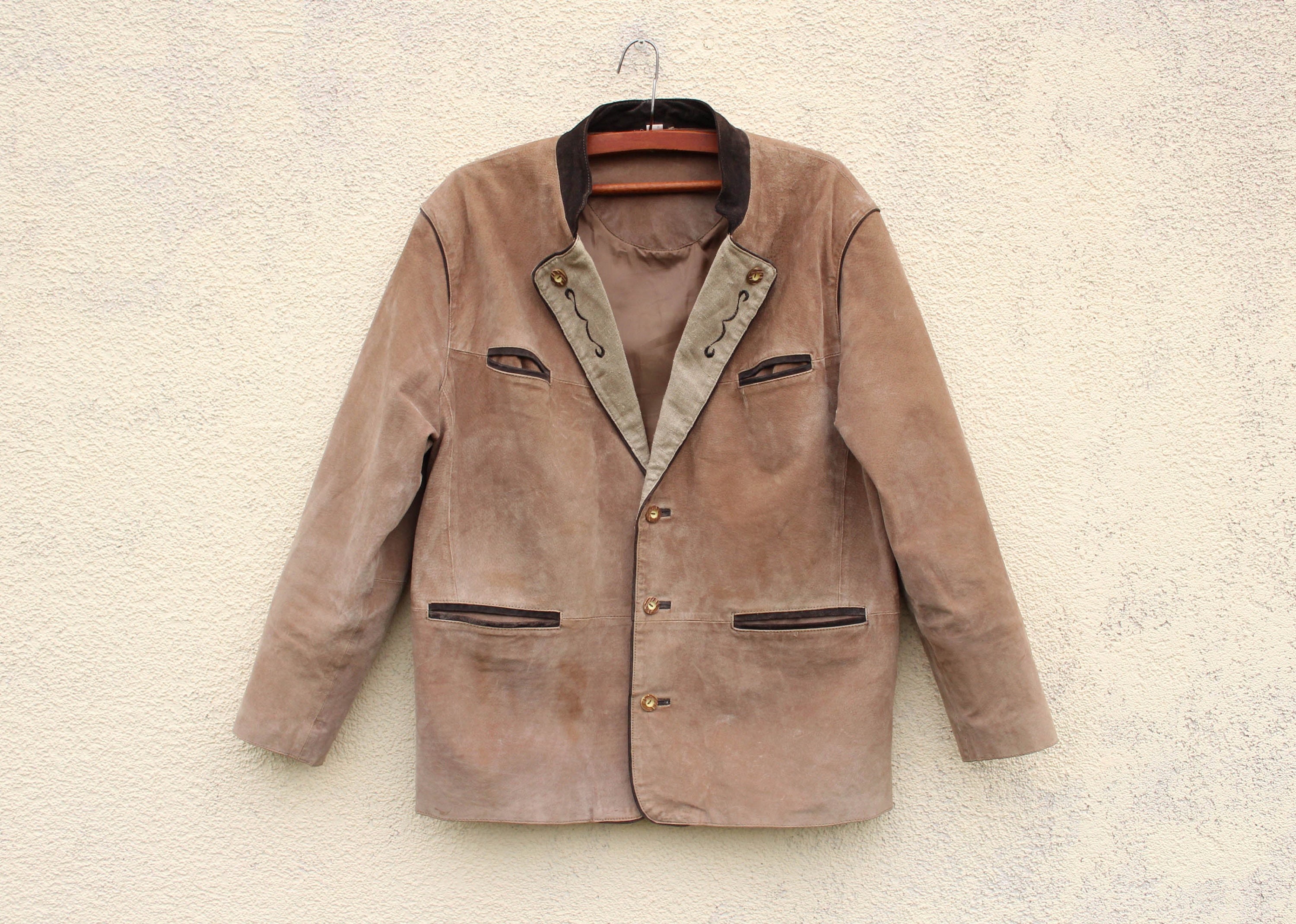 Vintage Leder Trachten Blazer Herren braune Leder Loden Trachten