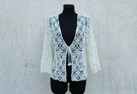 Vintage White Crocheted Cardigan Women's White Lac