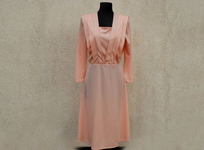 Vintage 1980s Dress Salmon Pink Sheer Dress Long Sleeves Silver Embroidered Midi Dress Summer Dress Boho Party Secretary Dress Medium Size