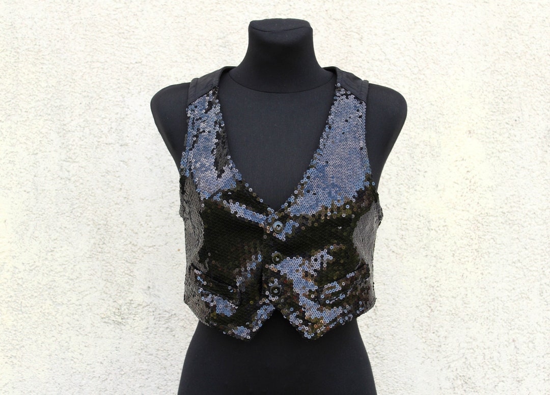 Vintage Sequin Embroidered Vest Women's / Black Sequin Vest Women's