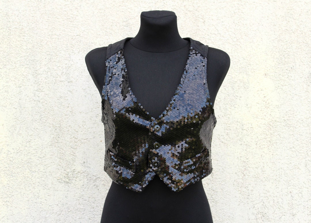 Vintage Sequin Embroidered Vest Women's / Black Sequin Vest Women's ...