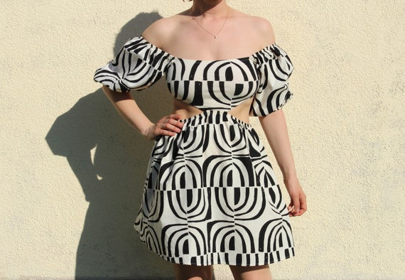 Vintage Off the shoulder Dress Women s Black White Puff Sleeve Dress White Open Shoulder Dress Cold Shoulder Dress Women s Etsy