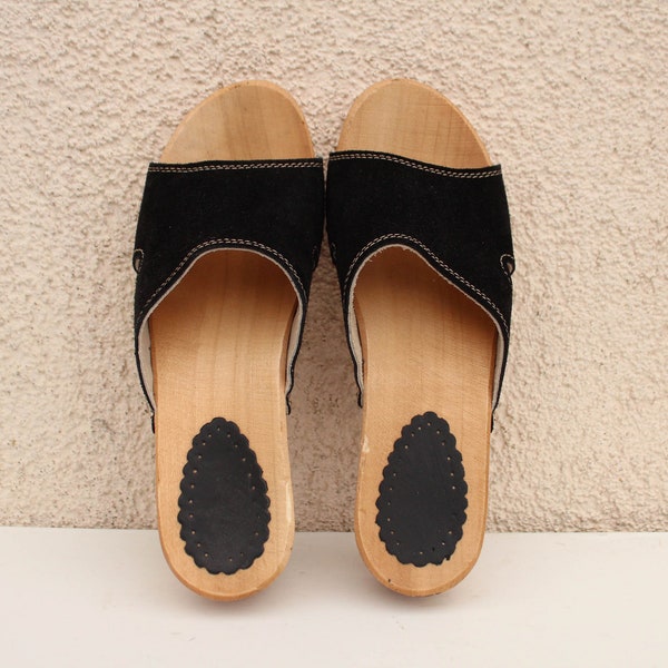 Vintage black Wooden Sandals women's / black Leather Clogs / Open Toe Wooden Sandal