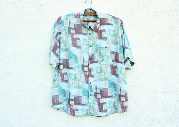 Vintage Aztec Print Shirt men's / 90s Viscose Shi… - image 1