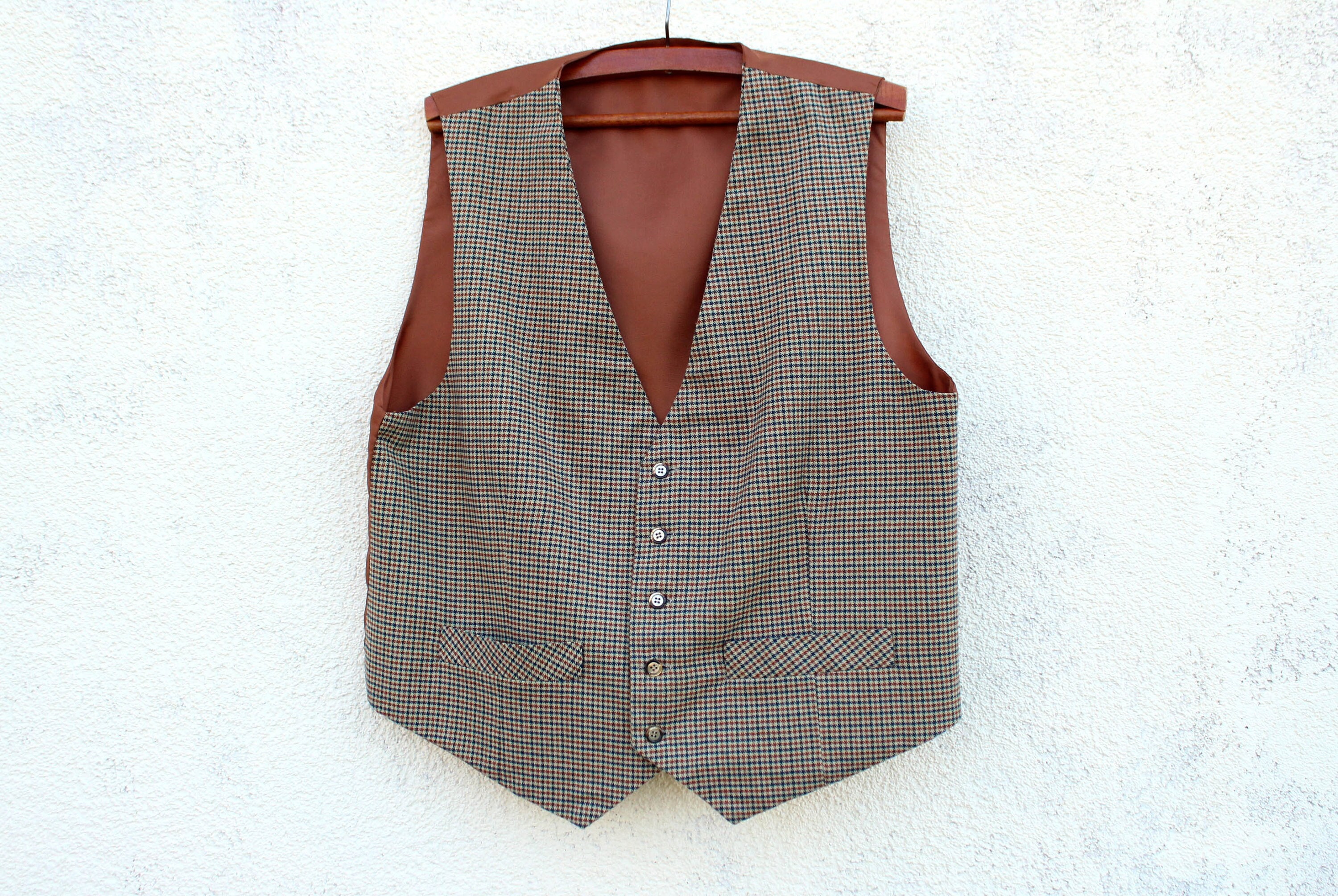 Vintage Brown Plaid Vest men's / brown Wool blend Vest men's / Formal Fitted Plaid Waistcoat
