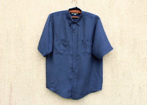 Vintage Blue Silk Shirt Men's Blue Silk Button Dow