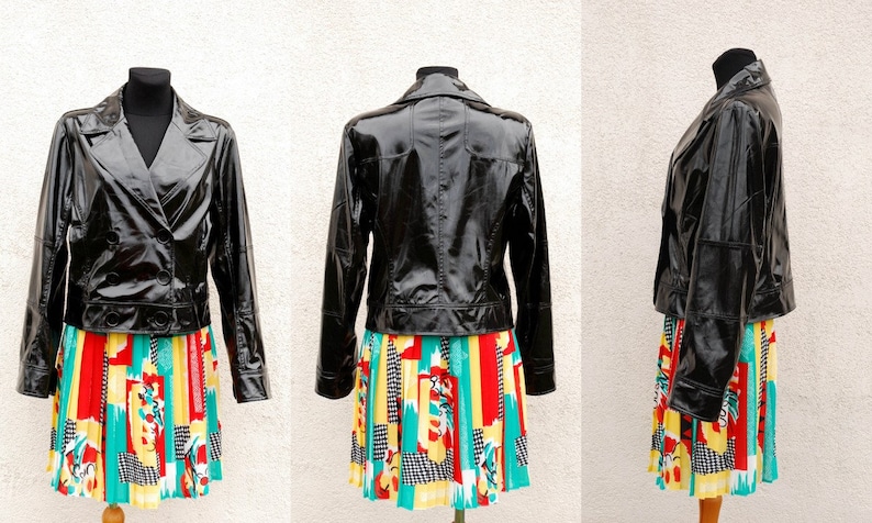 Vintage Black Vegan Leather Jacket Womens Black Shiny Jacket Blazer Marching Band Double Breasted Military MJ Michael Jackson Blazer