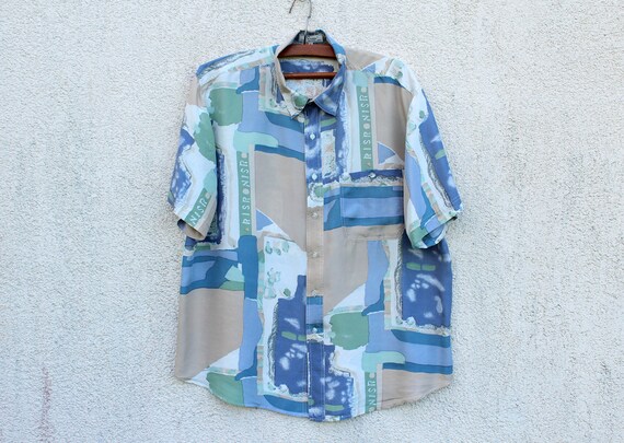Vintage Blue Green Silk Shirt Men's Silk Button Do