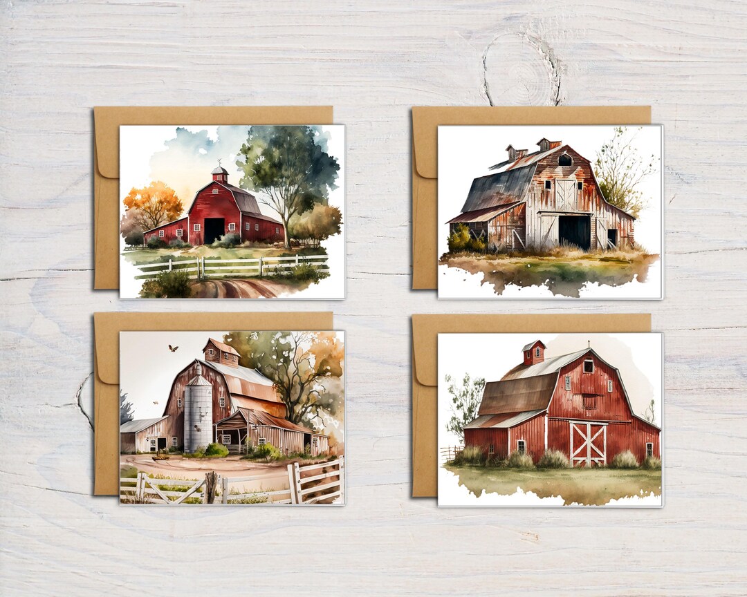 Rustic Barn Flat Notecard Set of 12 With Kraft Envelopes - Etsy