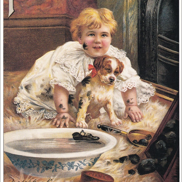 cute girl with dog puppy muddy dirty vintage Pears Soap advert ad advertisement victorian home decor print