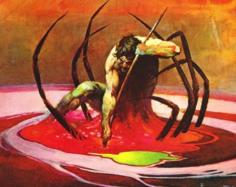 Spider Man Frank Frazetta vintage dark fantasy print art Sci Fi man cave deco American artist man killing spider