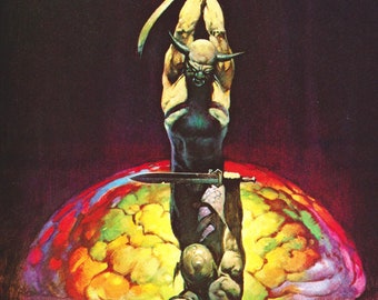 The Brain Frank Frazetta vintage dark fantasy print art Sci Fi man cave deco Demon Sword sword fight warriors
