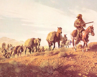 Bison hunt horseback Native Americans hunting party Western art by Frank C McCarthy vintage print Wild West theme Americas Old West