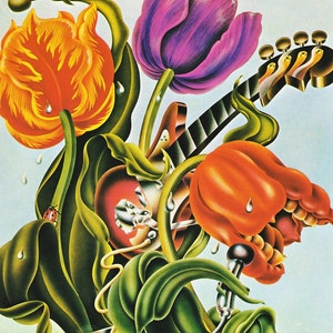 Música Flower Power Holland Pop Festival cartel mecedora tulipanes ilustración Obra de Alan Aldridge arte vintage impresión obra de arte de los años 70