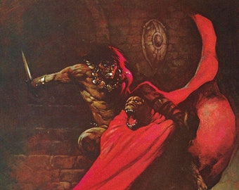 Man-Ape Frazetta vintage dark fantasy comic art print art Sci Fi man cave deco American artist red cape fight battle