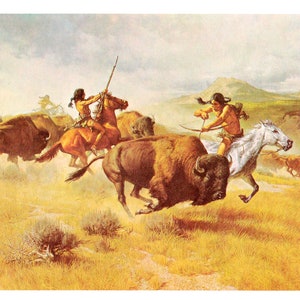 Bison hunt horseback Native Americans hunting party Western art by Frank C McCarthy vintage print Wild West theme Americas Old West