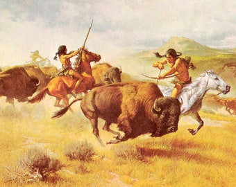 Bison hunt horseback Native Americans hunting party Western art by Frank C. McCarthy vintage print Wild West theme Americas Old West