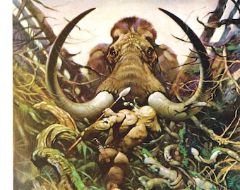 The Mammoth Frazetta vintage dark fantasy comic cover art print art Sci Fi man cave deco American artist, Edgar Rice Burroughs Stone Age