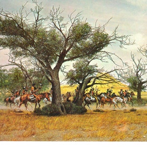 Bison hunt horseback Native Americans hunting party Western art by Frank C McCarthy vintage print Wild West theme Americas Old West