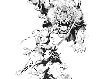 Banth Frank Frazetta b/w vintage early dark fantasy warrior fighting lion comic art print art Sci Fi man cave deco American artist
