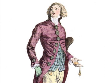 Men's French fashion 18th century dress velvet coat hose gentleman Galerie des Modes vintage print dressing room decor gift Marie Antoinette