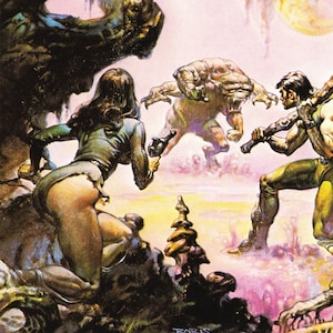 Through the Reality Warp Boris Vallejo vintage print couple fighting fantasy cover art man cave deco gift fantasy fan Donald J. Pfeil