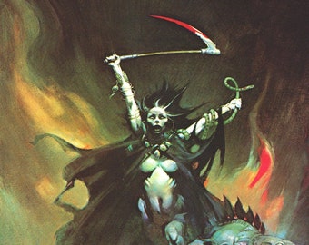 Woman with a Scythe Frank Frazetta vintage dark fantasy comic cover art print art Sci Fi man cave deco American artist