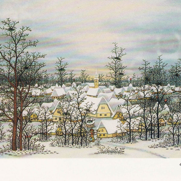 Ivan Lacković paysage de neige d'hiver croate village Zlatar art saisonnier imprimé vintage peinture primitive naïve rurale Croatie Europe de l'Est